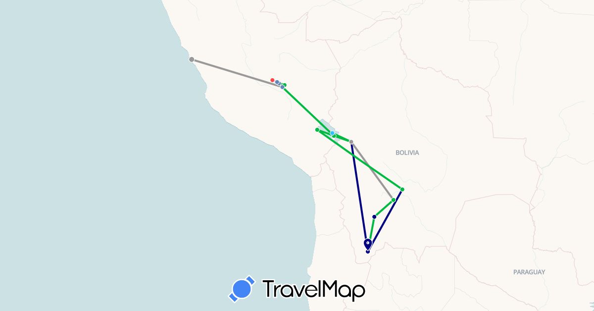 TravelMap itinerary: driving, bus, plane, cycling, train, hiking, boat in Bolivia, Peru (South America)